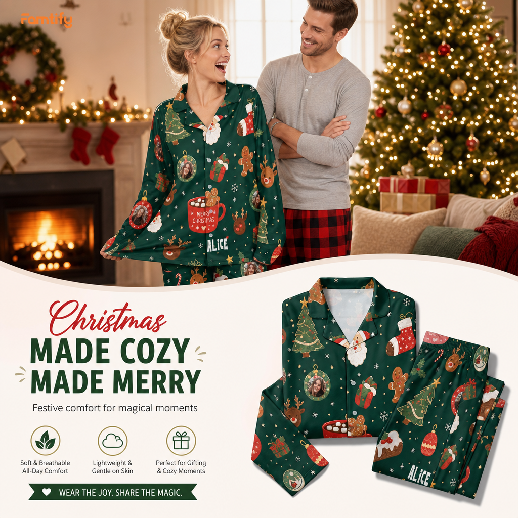 Custom face photo and name cocoa reindeer gingerbread women pajamas view 3