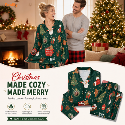 Custom face photo and name cocoa reindeer gingerbread women pajamas view 3