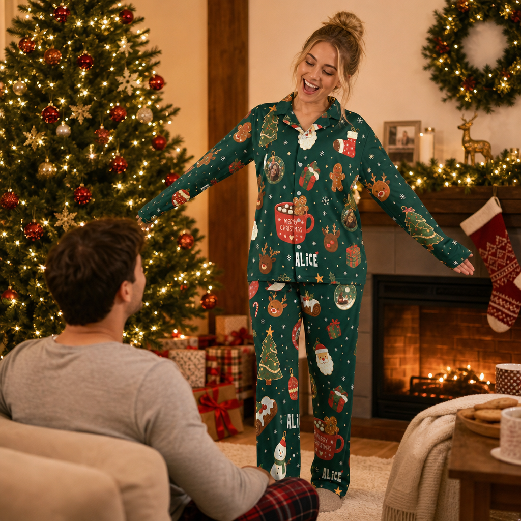 Custom face photo and name cocoa reindeer gingerbread women pajamas view 6