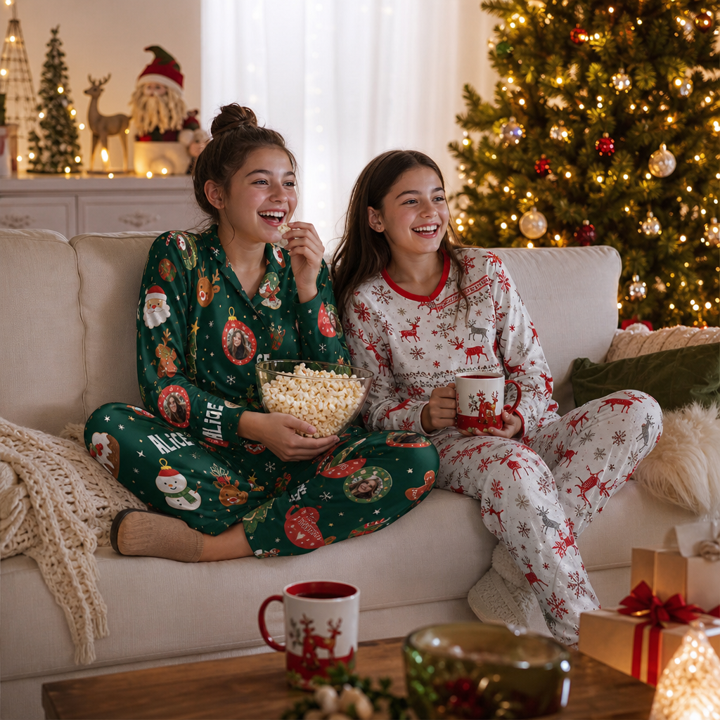 Custom face photo and name cocoa reindeer gingerbread women pajamas view 8