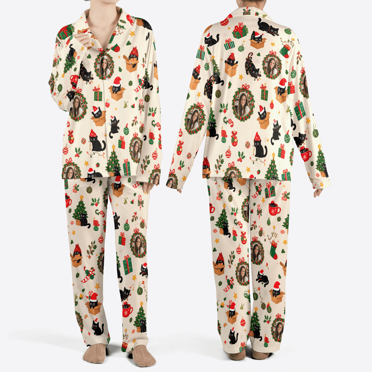 Custom face photo black cat wreath women Christmas pajamas set, front and back
