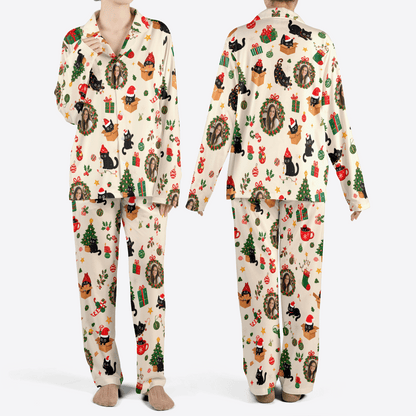 Custom face photo black cat wreath women Christmas pajamas set, front and back