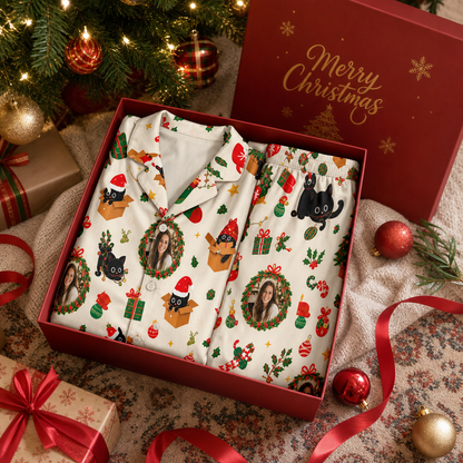 Custom face photo black cat wreath women pajamas view 6