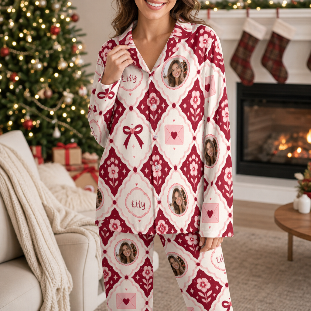 Woman wearing custom face photo and name diamond bow love letter Christmas pajamas by the tree