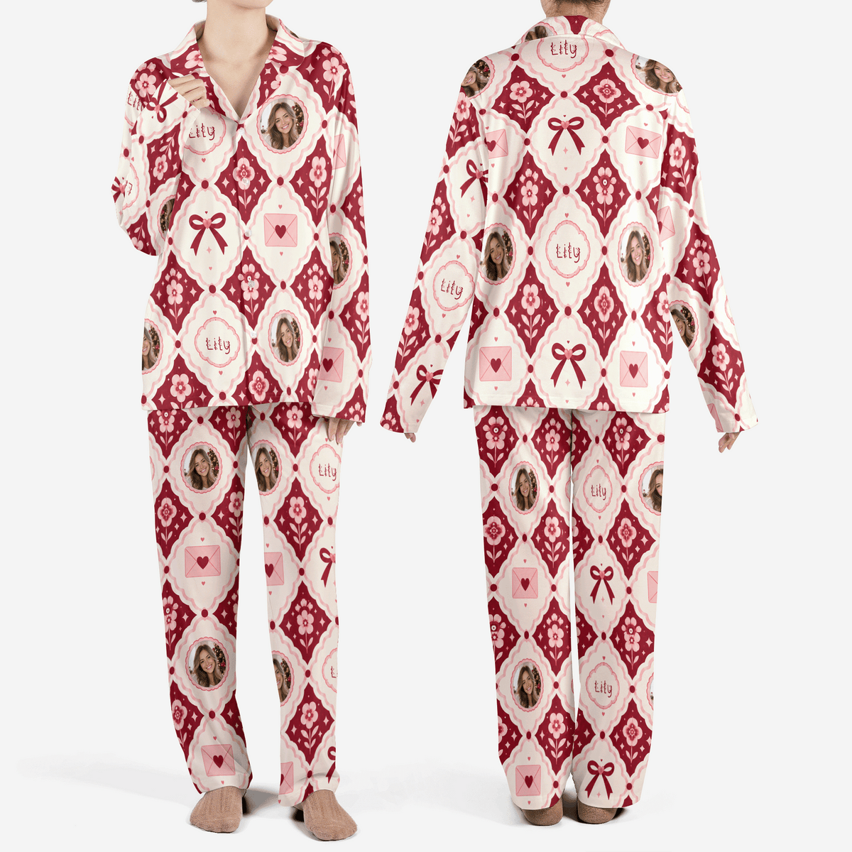 Custom face photo and name diamond bow love letter women Christmas pajamas set, front and back