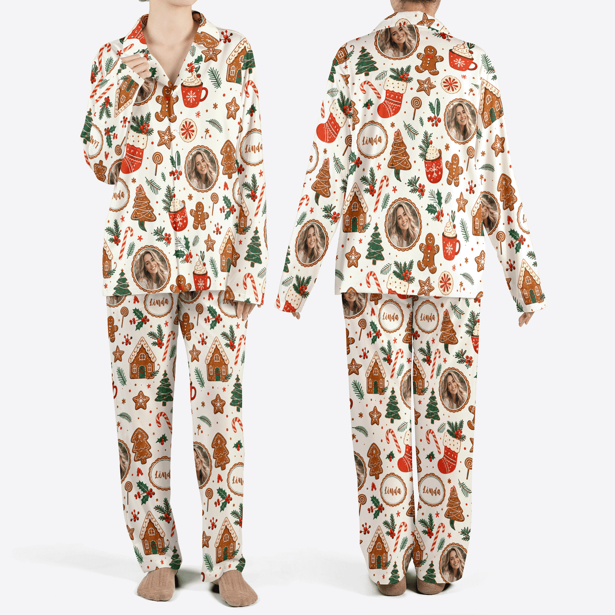 Custom face photo and name gingerbread cocoa cookie women Christmas pajamas set, front and back