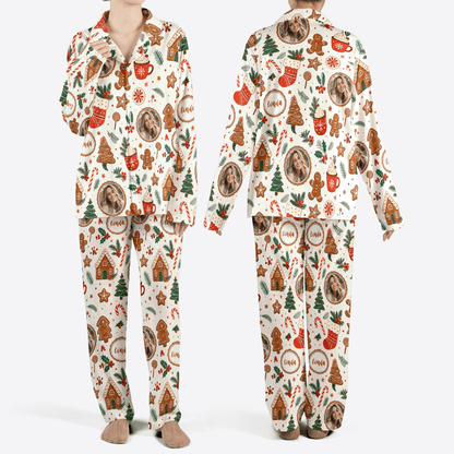 Custom face photo and name gingerbread cocoa cookie women Christmas pajamas set, front and back