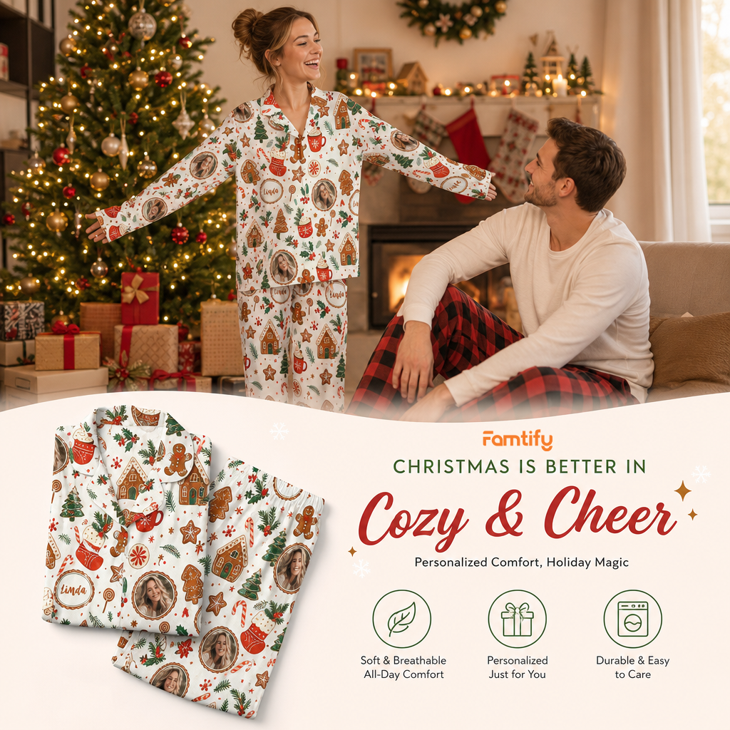 Custom face photo and name gingerbread cocoa cookie women pajamas view 3