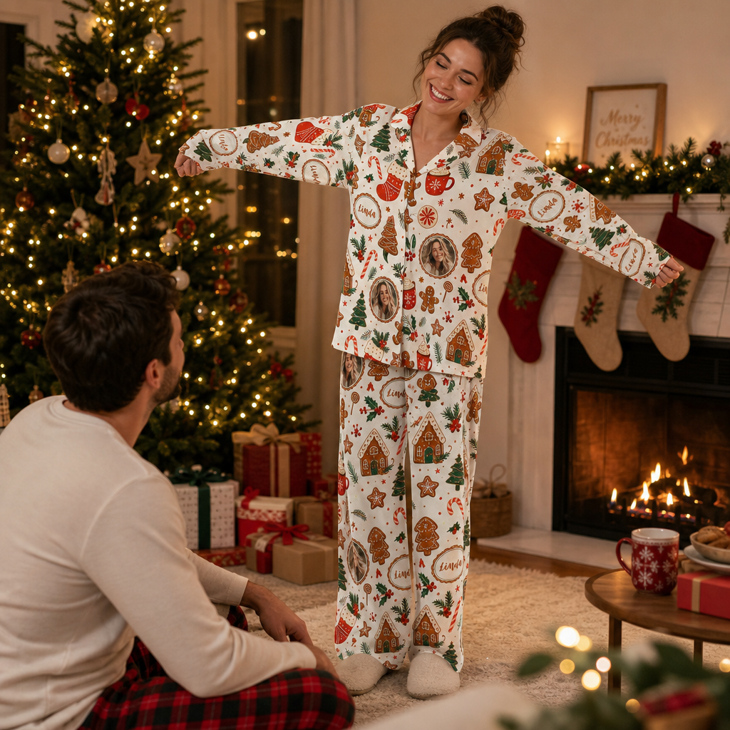 Custom face photo and name gingerbread cocoa cookie women pajamas view 6