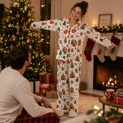 Custom face photo and name gingerbread cocoa cookie women pajamas view 6