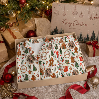Custom face photo and name gingerbread cocoa cookie women pajamas view 8