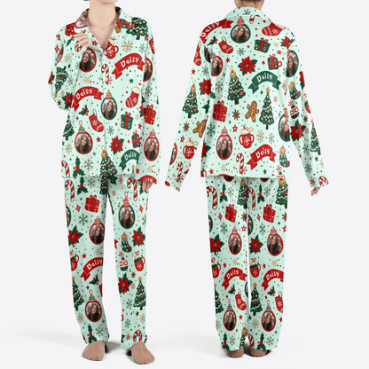 Custom face photo and name poinsettia candy cane banner women Christmas pajamas set, front and back
