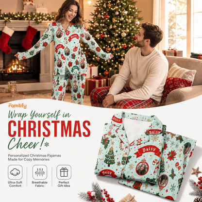 Custom face photo and name poinsettia candy cane banner women pajamas view 3