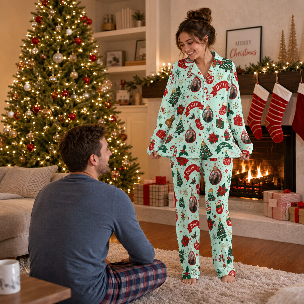 Custom face photo and name poinsettia candy cane banner women pajamas view 6