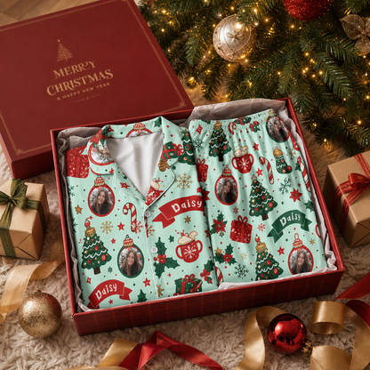 Custom face photo and name poinsettia candy cane banner women pajamas view 8