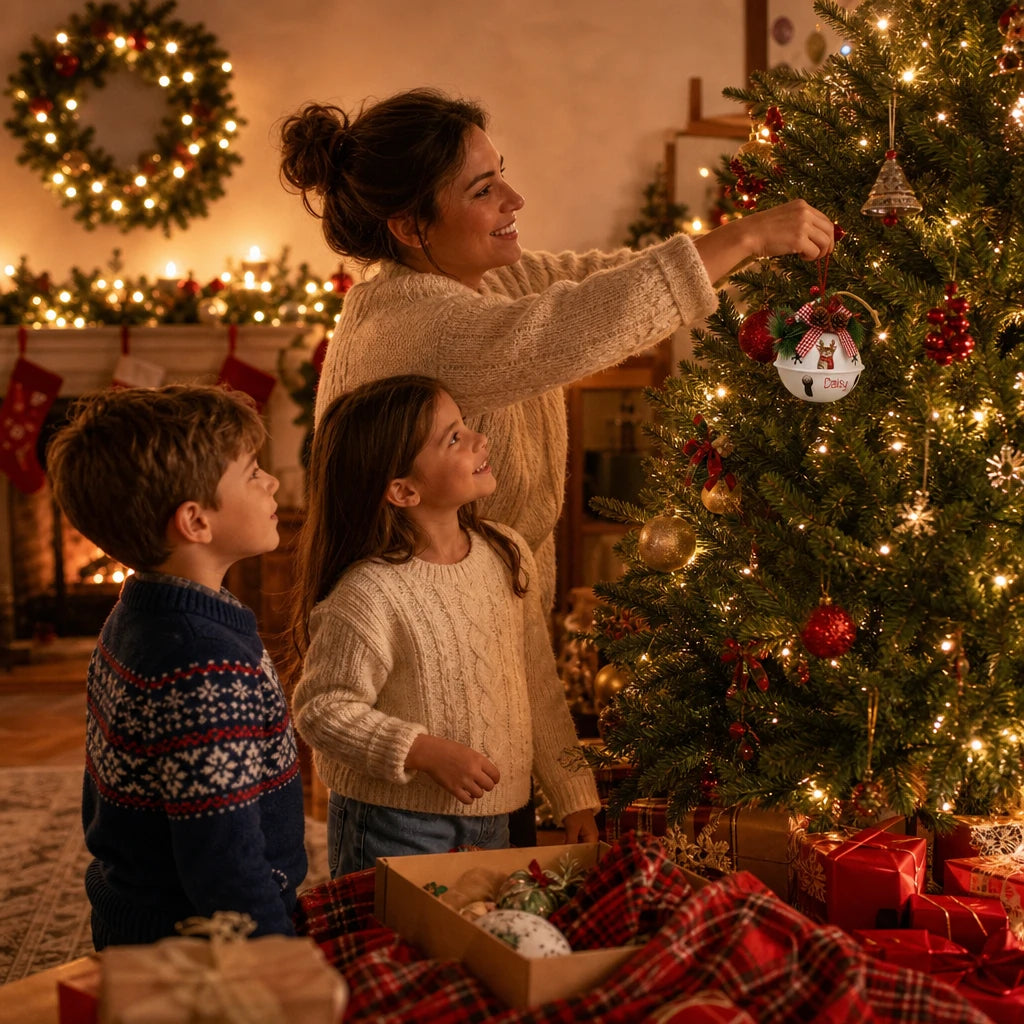 Mom and kids hanging a personalized jingle bell ornament on the Christmas tree