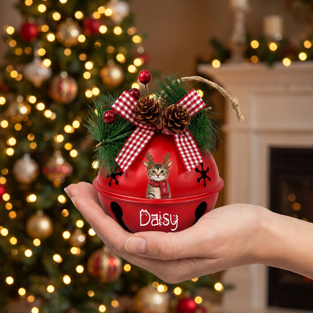 Personalized reindeer pet jingle bell ornament held in hand by a Christmas tree