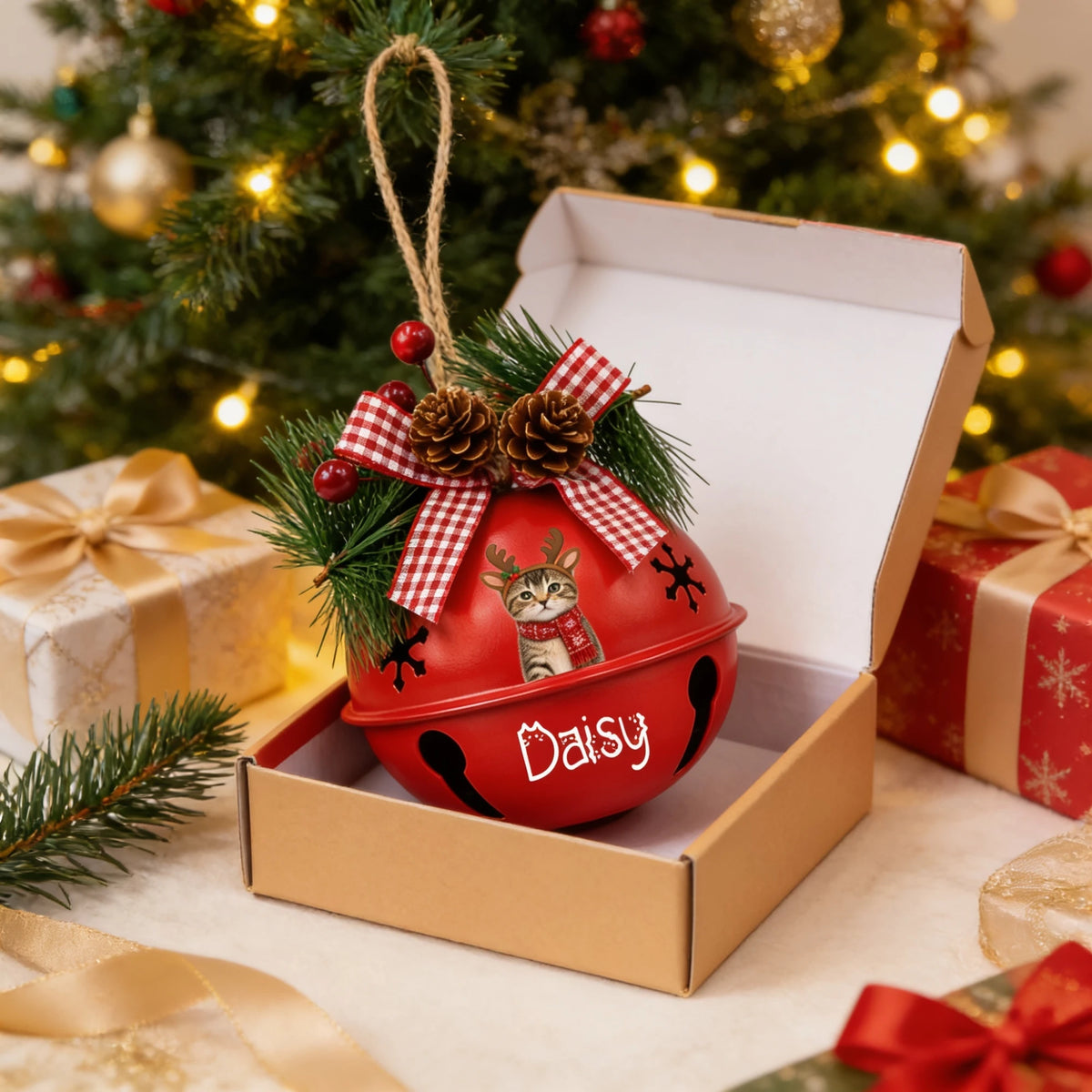 Personalized reindeer pet jingle bell ornament in a gift box