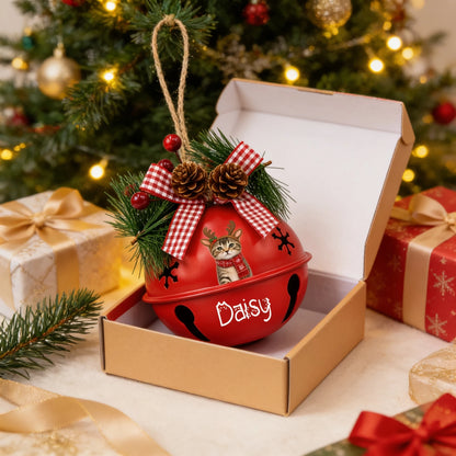 Personalized reindeer pet jingle bell ornament in a gift box