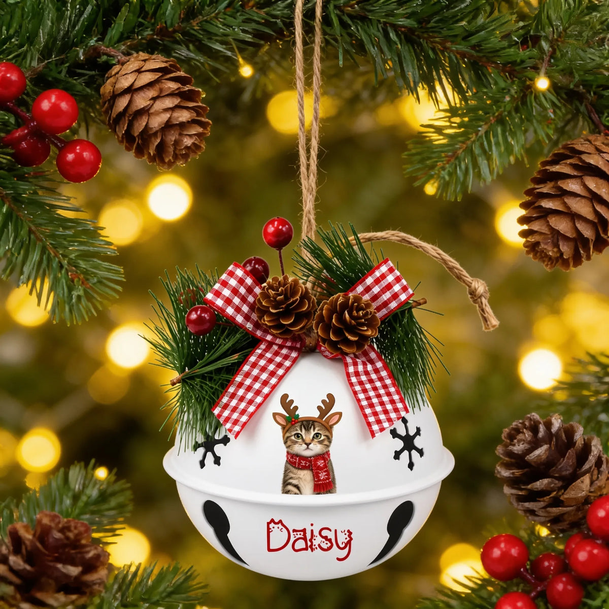 Custom photo reindeer pet jingle bell ornament hanging on a Christmas tree with pinecones