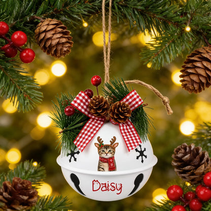 Custom photo reindeer pet jingle bell ornament hanging on a Christmas tree with pinecones