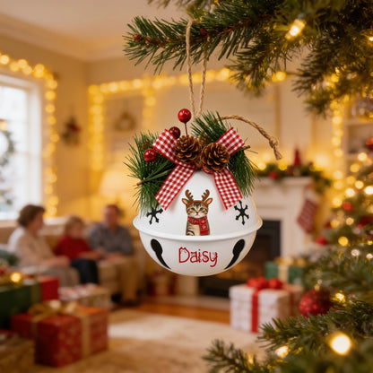 Personalized pet photo jingle bell ornament hanging in a cozy holiday living room