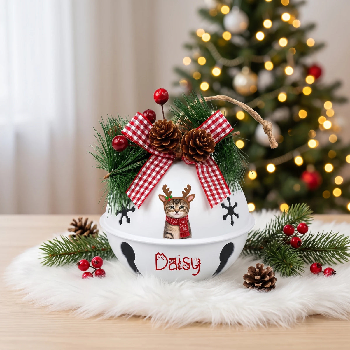 Custom reindeer pet jingle bell ornament with name displayed on a tabletop