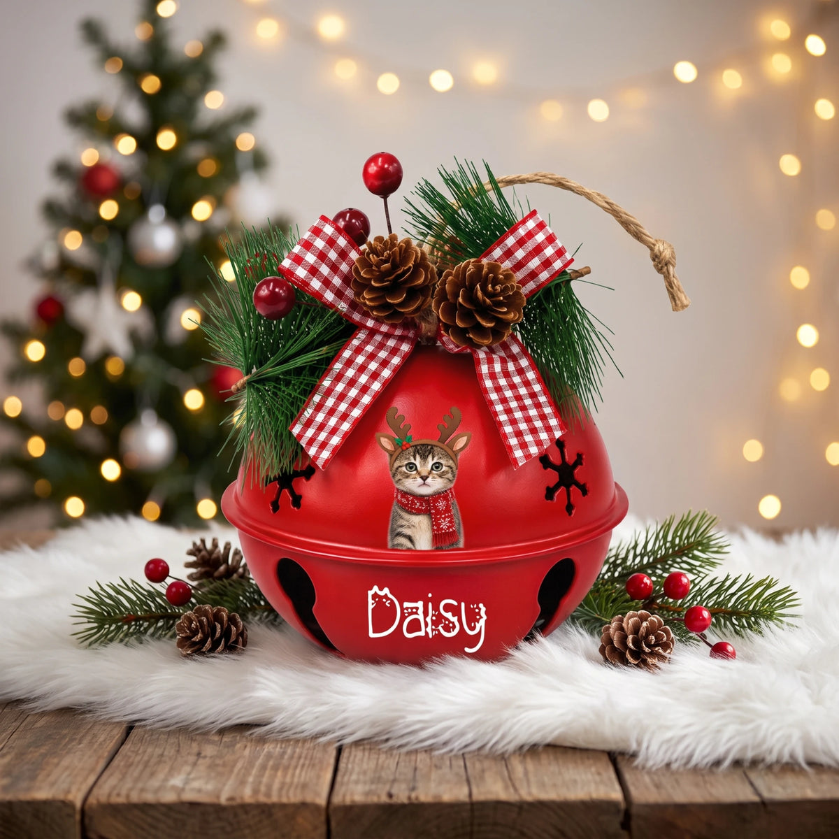 Custom photo reindeer pet jingle bell ornament with pet photo and name on a festive table