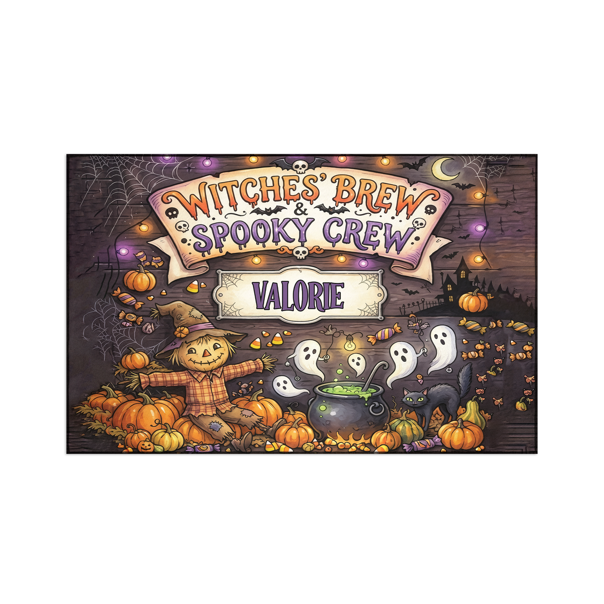 Personalized Halloween Witches' Brew Spooky Crew Rug, Custom Name Scarecrow Ghost Doormat, Festive Pumpkin Black Cat Indoor Outdoor Entryway Mat