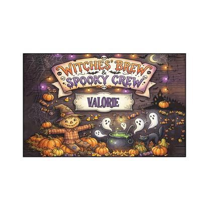 Personalized Halloween Witches' Brew Spooky Crew Rug, Custom Name Scarecrow Ghost Doormat, Festive Pumpkin Black Cat Indoor Outdoor Entryway Mat