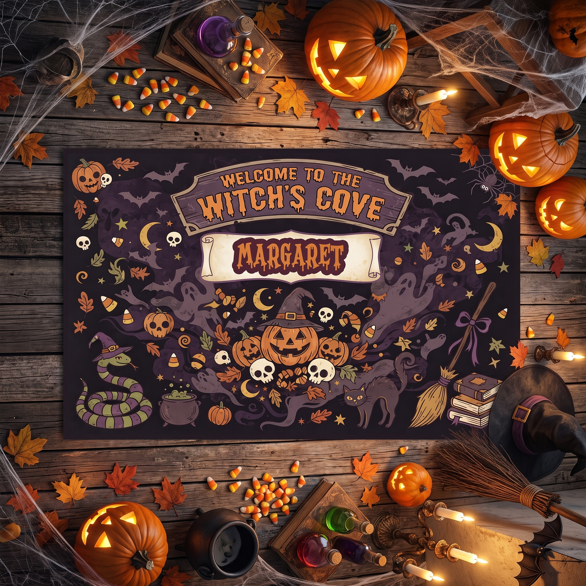 Personalized Halloween Welcome To The Witch's Cove Rug with custom name, styled on a wood floor with pumpkins