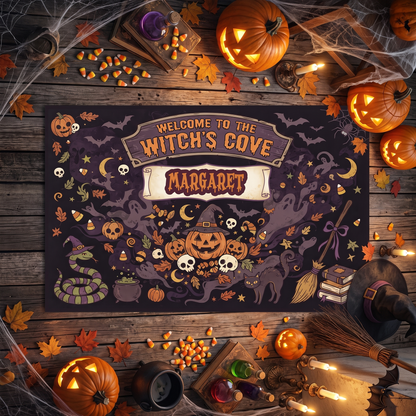 Personalized Halloween Welcome To The Witch's Cove Rug with custom name, styled on a wood floor with pumpkins