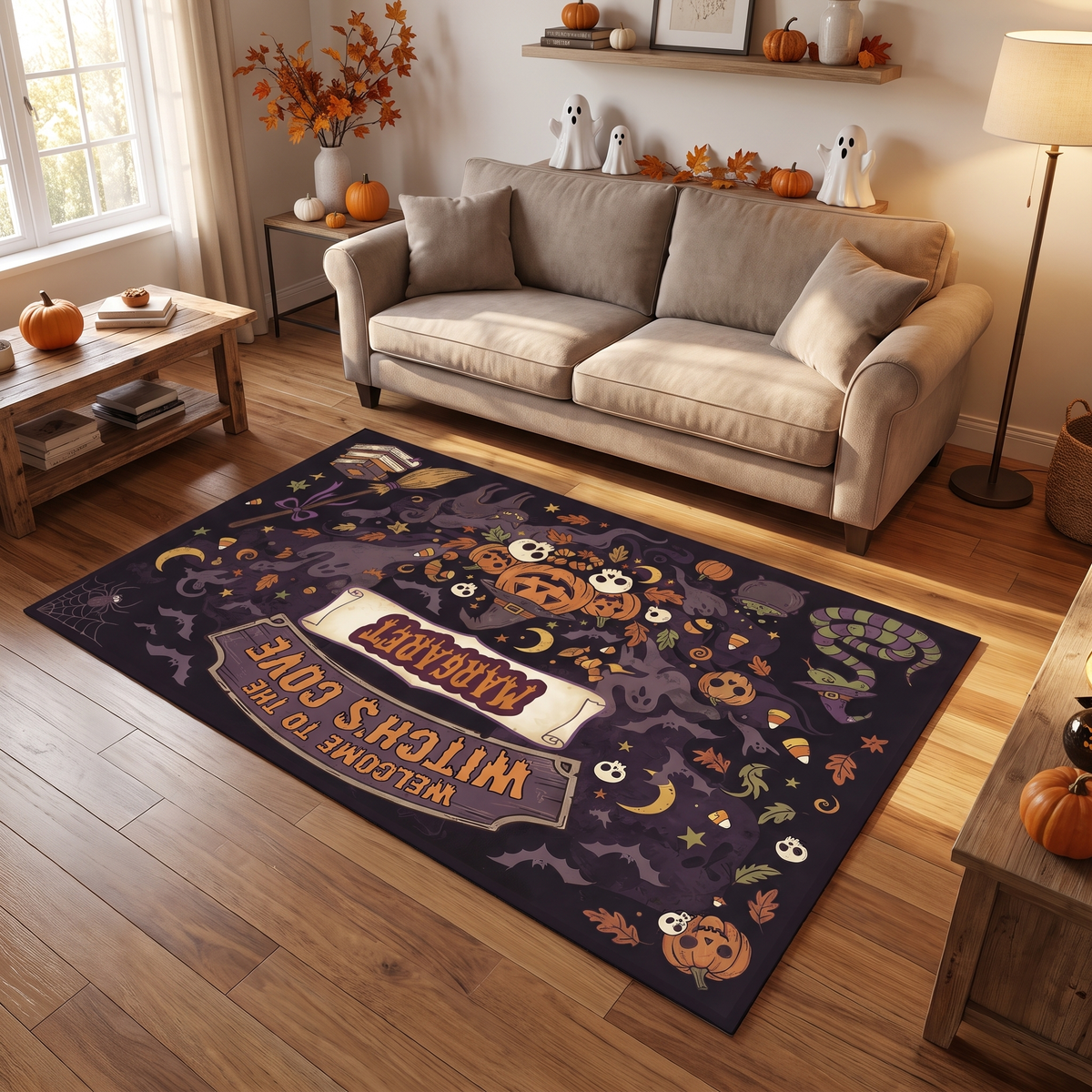 Personalized Halloween Welcome To The Witch's Cove Rug in a cozy living room