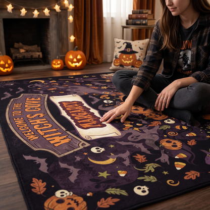 Soft velvet surface of the Personalized Halloween Welcome To The Witch's Cove Rug