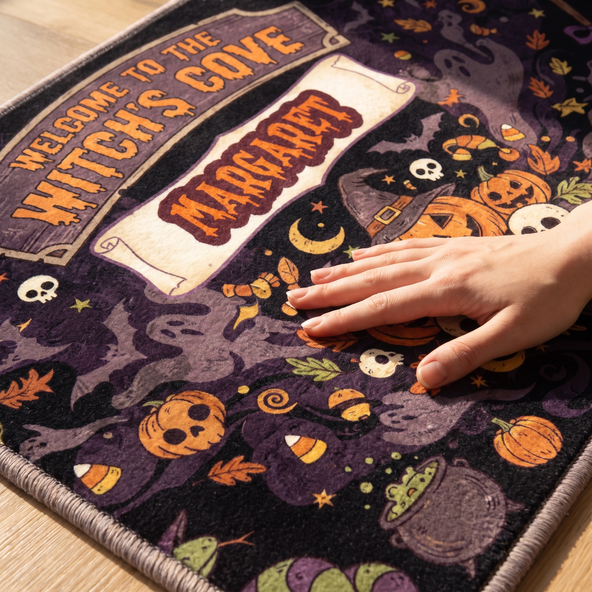 Close up of the Personalized Halloween Welcome To The Witch's Cove Rug print
