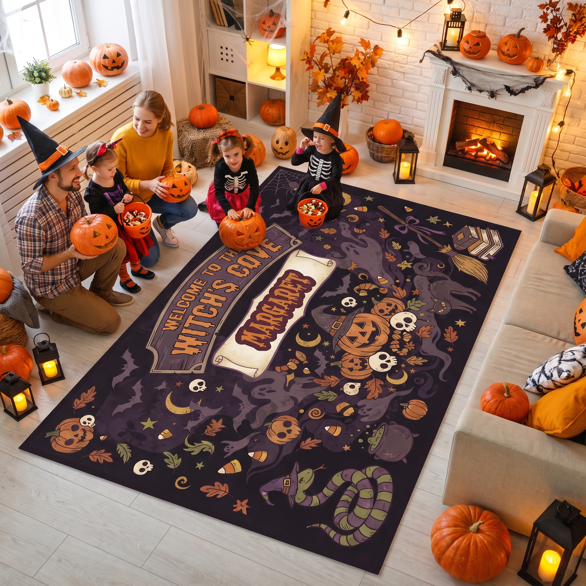 Family enjoying the Personalized Halloween Welcome To The Witch's Cove Rug at a Halloween party