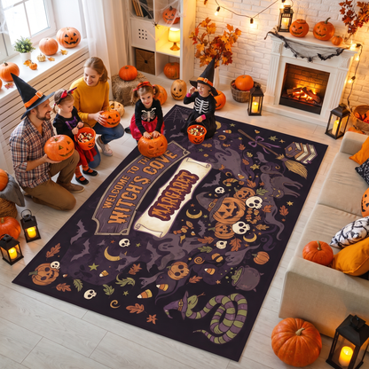 Family enjoying the Personalized Halloween Welcome To The Witch's Cove Rug at a Halloween party