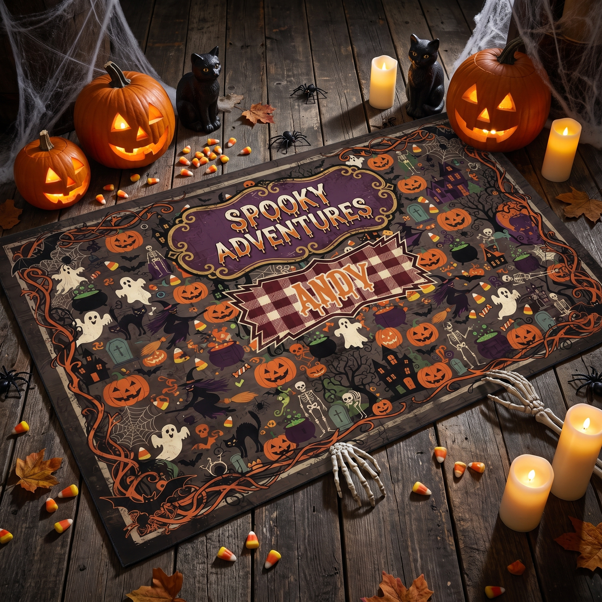 Personalized Halloween Spooky Adventures Plaid Pumpkin Ghost Rug with custom name, styled on a wood floor with pumpkins