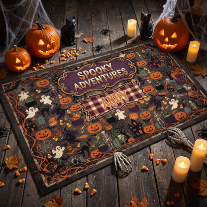 Personalized Halloween Spooky Adventures Plaid Pumpkin Ghost Rug with custom name, styled on a wood floor with pumpkins