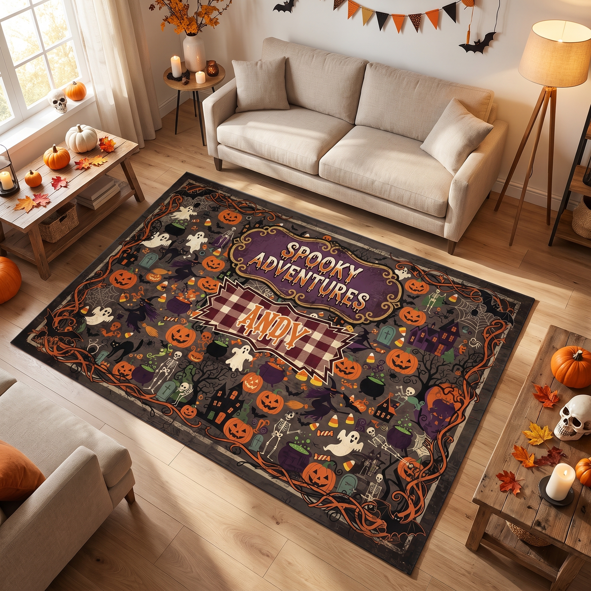 Personalized Halloween Spooky Adventures Plaid Pumpkin Ghost Rug in a cozy living room