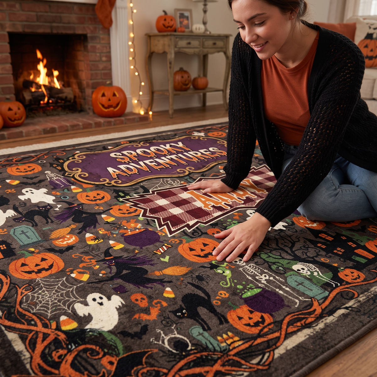 Soft velvet surface of the Personalized Halloween Spooky Adventures Plaid Pumpkin Ghost Rug