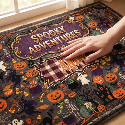 Close up of the Personalized Halloween Spooky Adventures Plaid Pumpkin Ghost Rug print