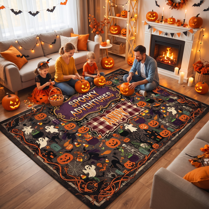 Family enjoying the Personalized Halloween Spooky Adventures Plaid Pumpkin Ghost Rug at a Halloween party