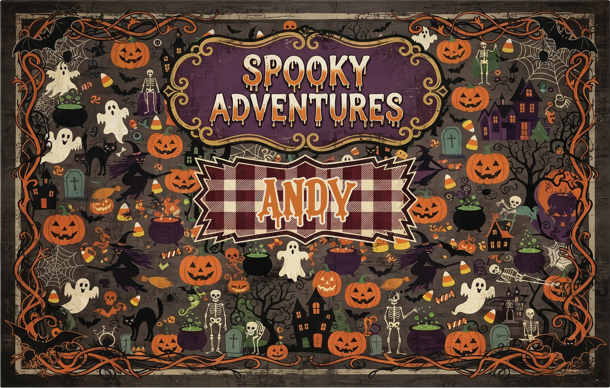 Personalized Halloween Spooky Adventures Plaid Pumpkin Ghost Rug full design view