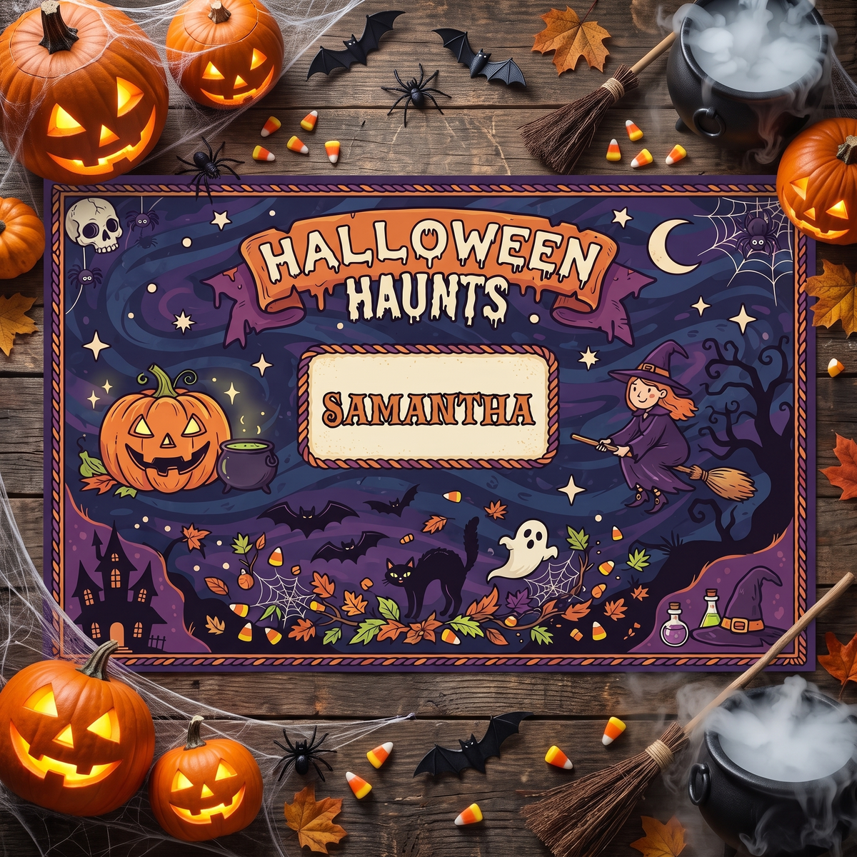 Personalized Halloween Haunts Flying Witch Jack O Lantern Rug with custom name, styled on a wood floor with pumpkins