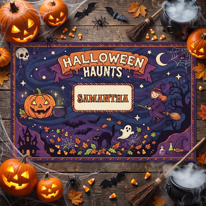 Personalized Halloween Haunts Flying Witch Jack O Lantern Rug with custom name, styled on a wood floor with pumpkins