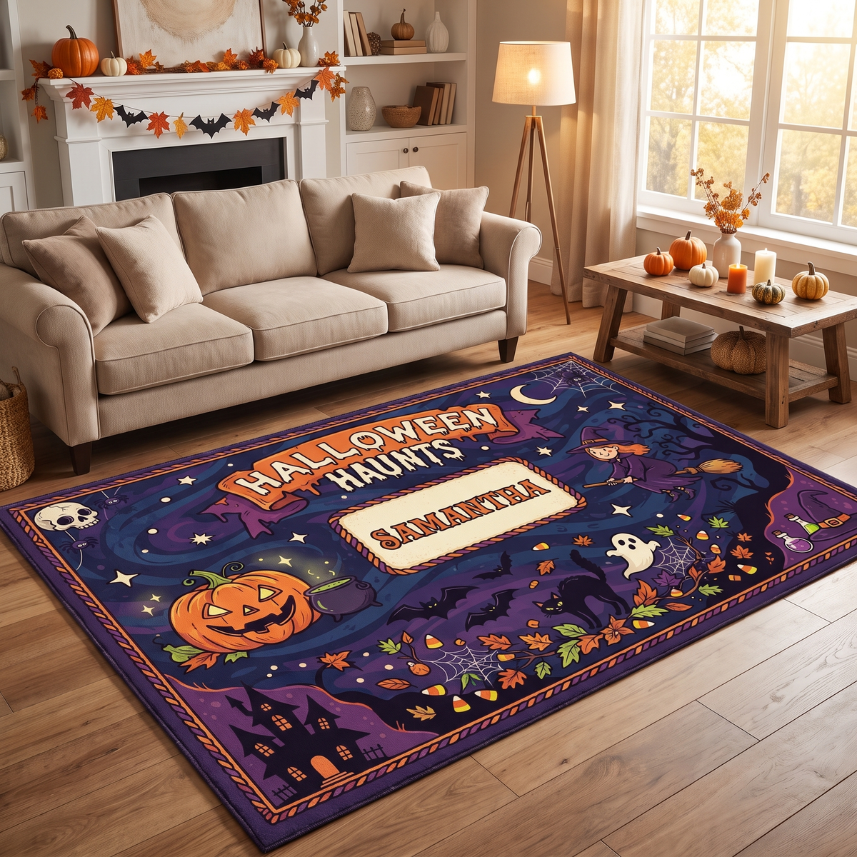 Personalized Halloween Haunts Flying Witch Jack O Lantern Rug in a cozy living room