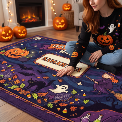 Soft velvet surface of the Personalized Halloween Haunts Flying Witch Jack O Lantern Rug