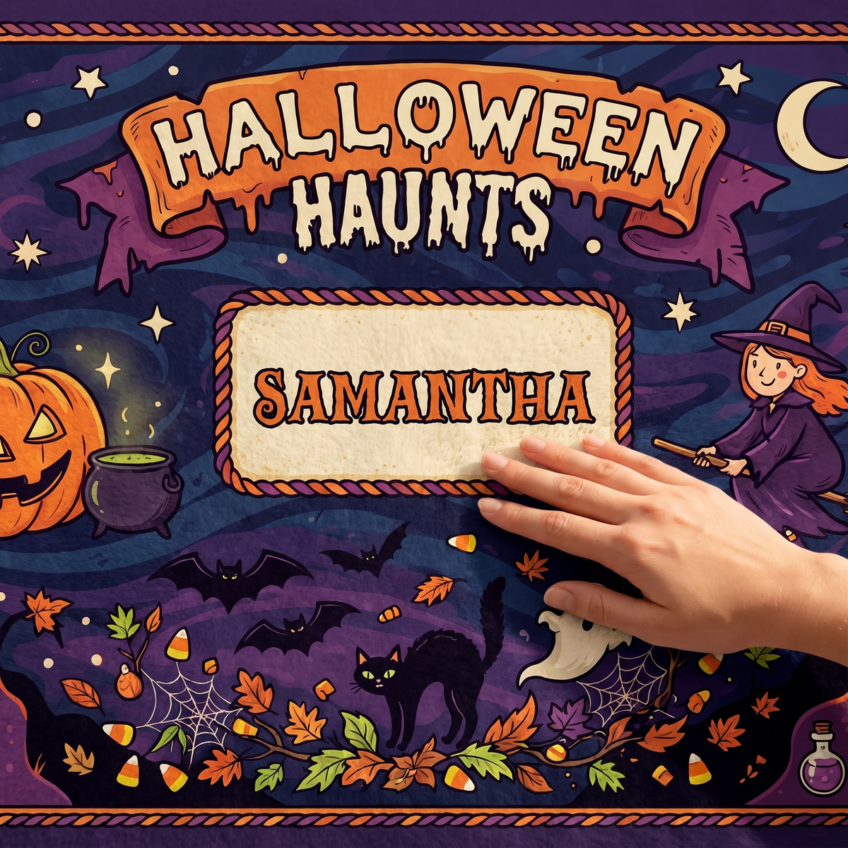 Close up of the Personalized Halloween Haunts Flying Witch Jack O Lantern Rug print