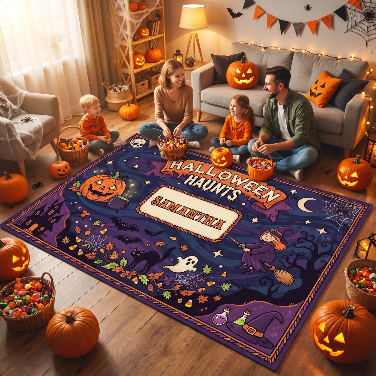 Family enjoying the Personalized Halloween Haunts Flying Witch Jack O Lantern Rug at a Halloween party